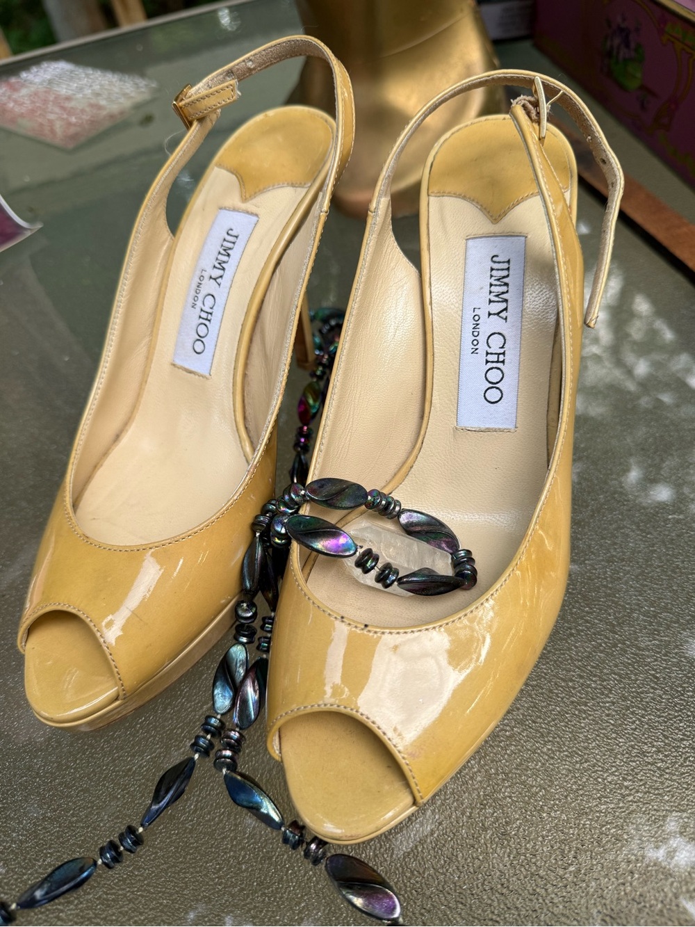 Jimmy Choo Nude Patent Slingback Peep-Toe Heels Platform Shoes